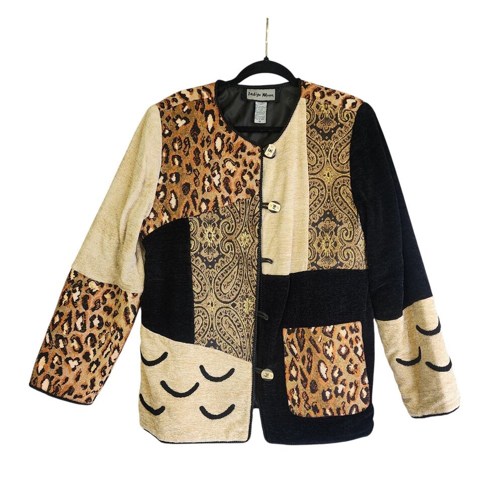Indigo Moon Womens‎ Vintage Blazer Jacket Size Medium Patchwork 80s Leopard Edgy